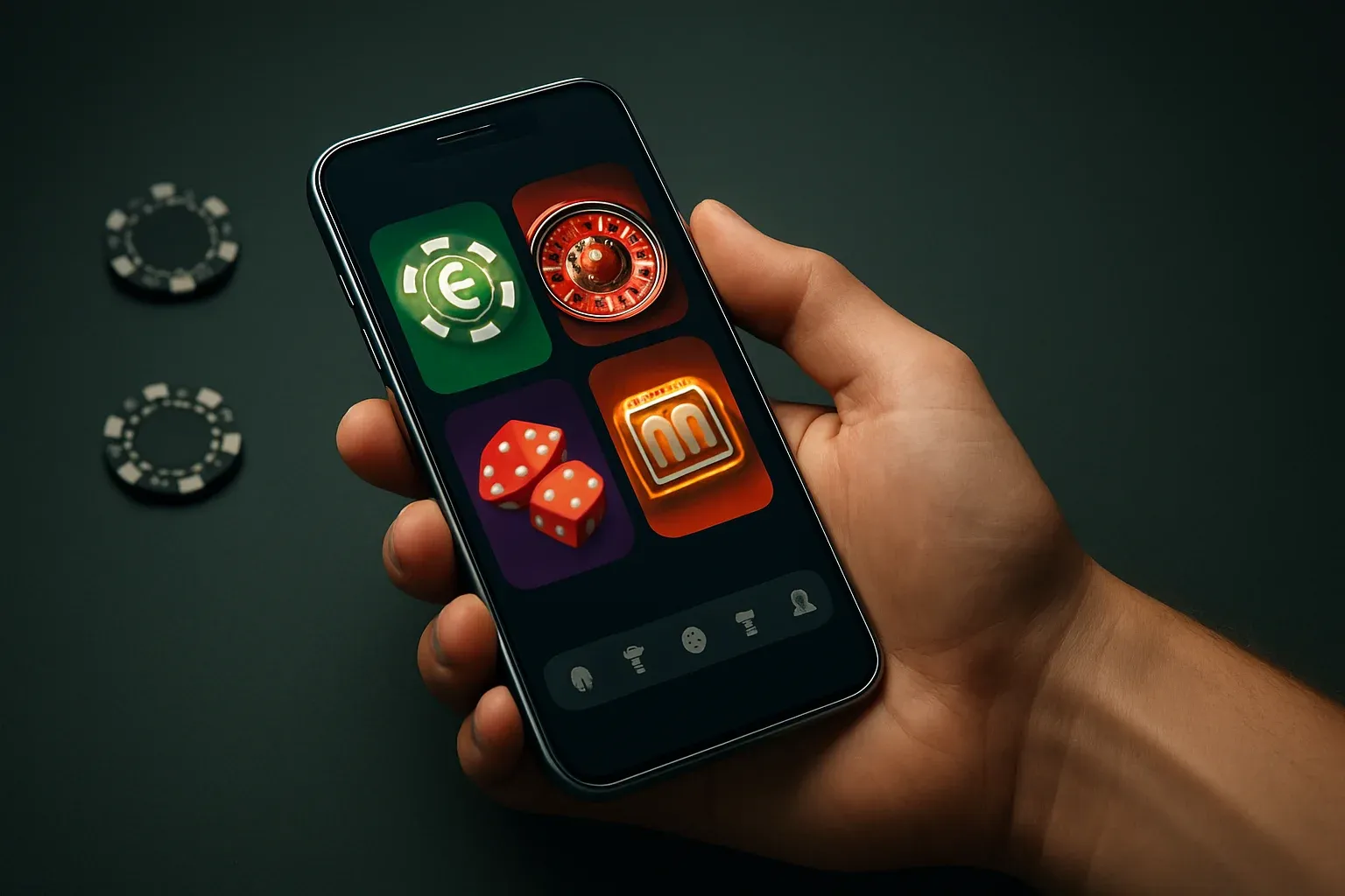 Flagship Android smartphone displaying premium casino app interface in dramatic lighting