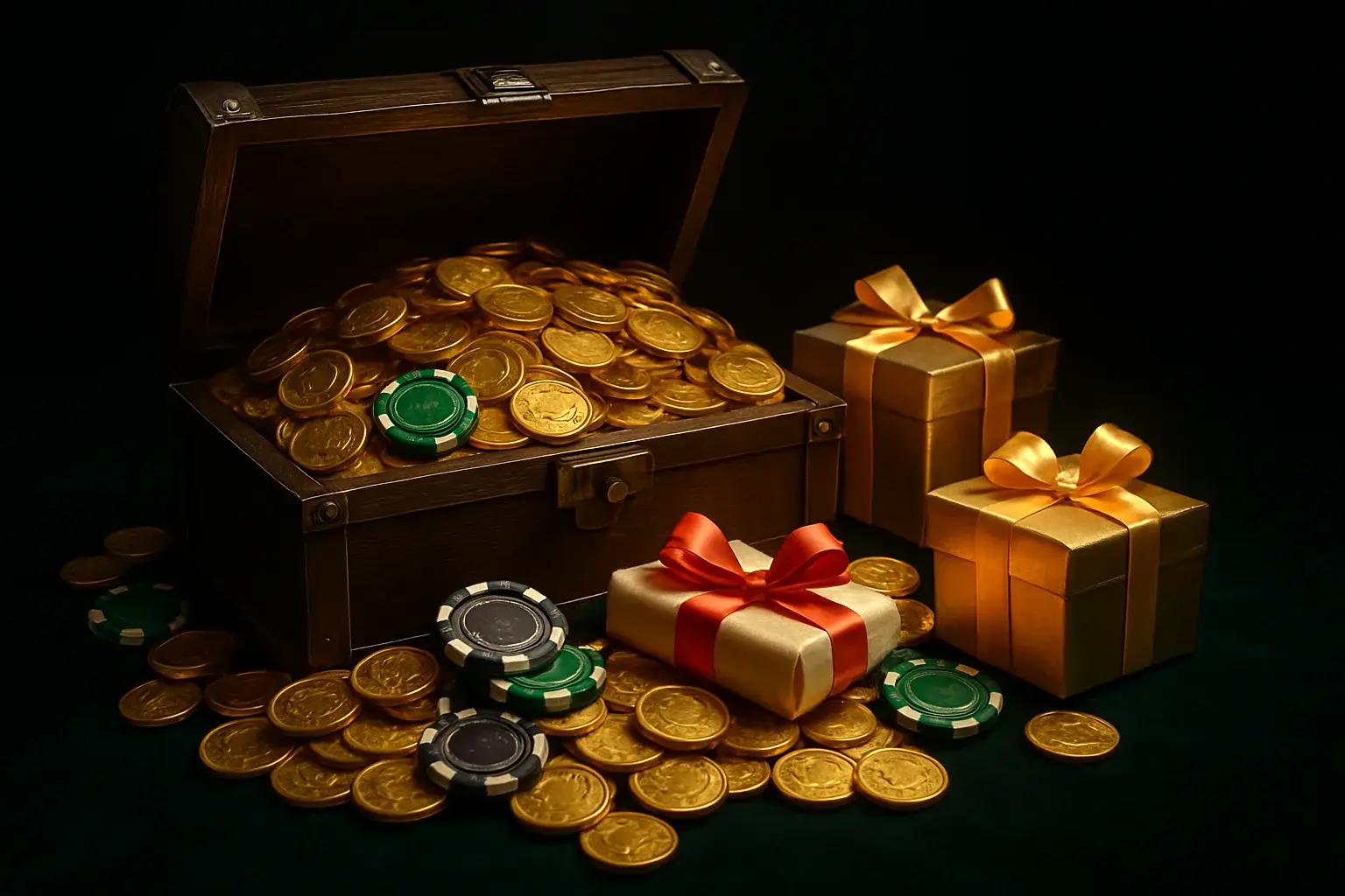 Overflowing treasure chest with coins, casino chips, vouchers, and gift boxes