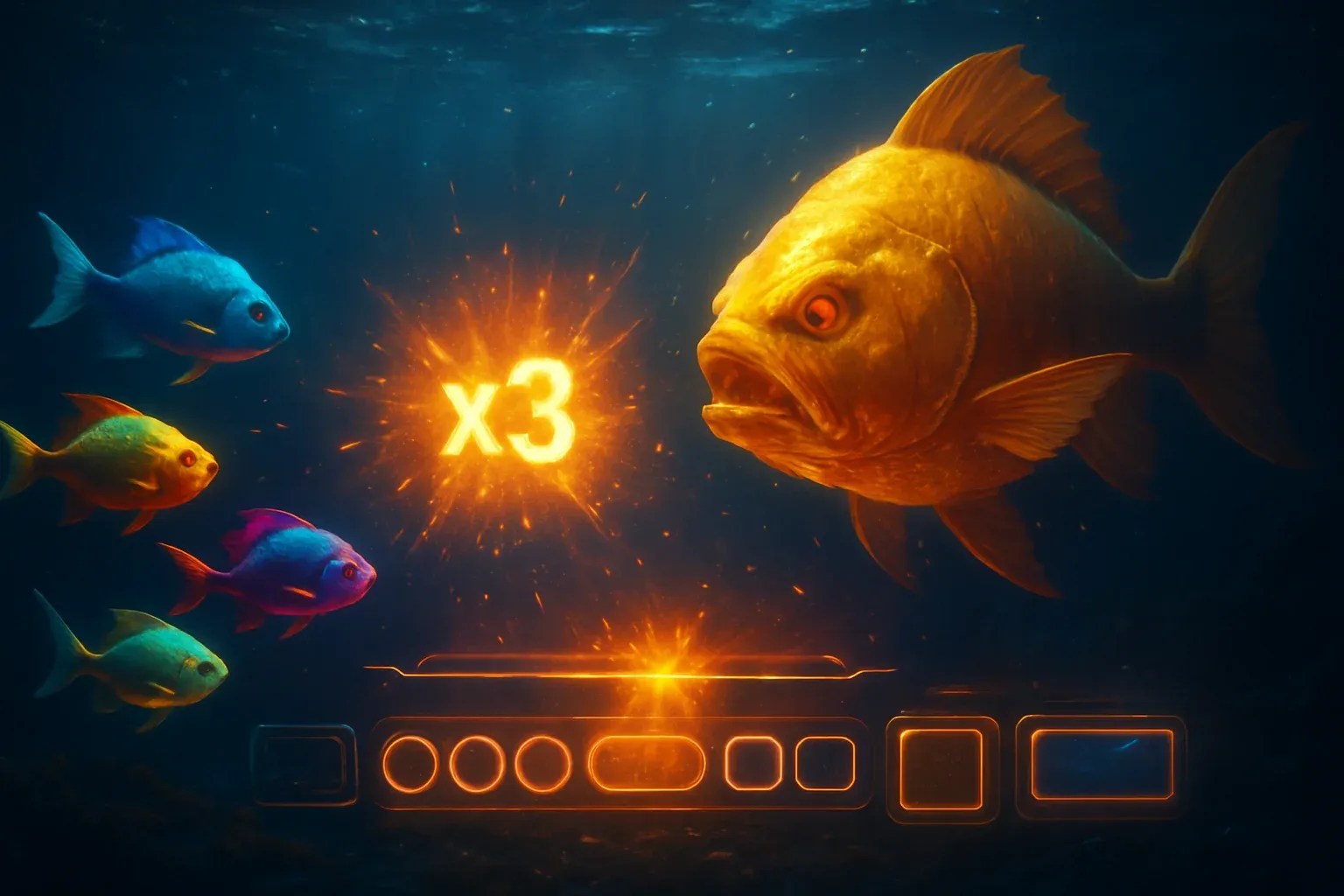 Glowing tropical fish and golden boss fish in underwater arcade scene