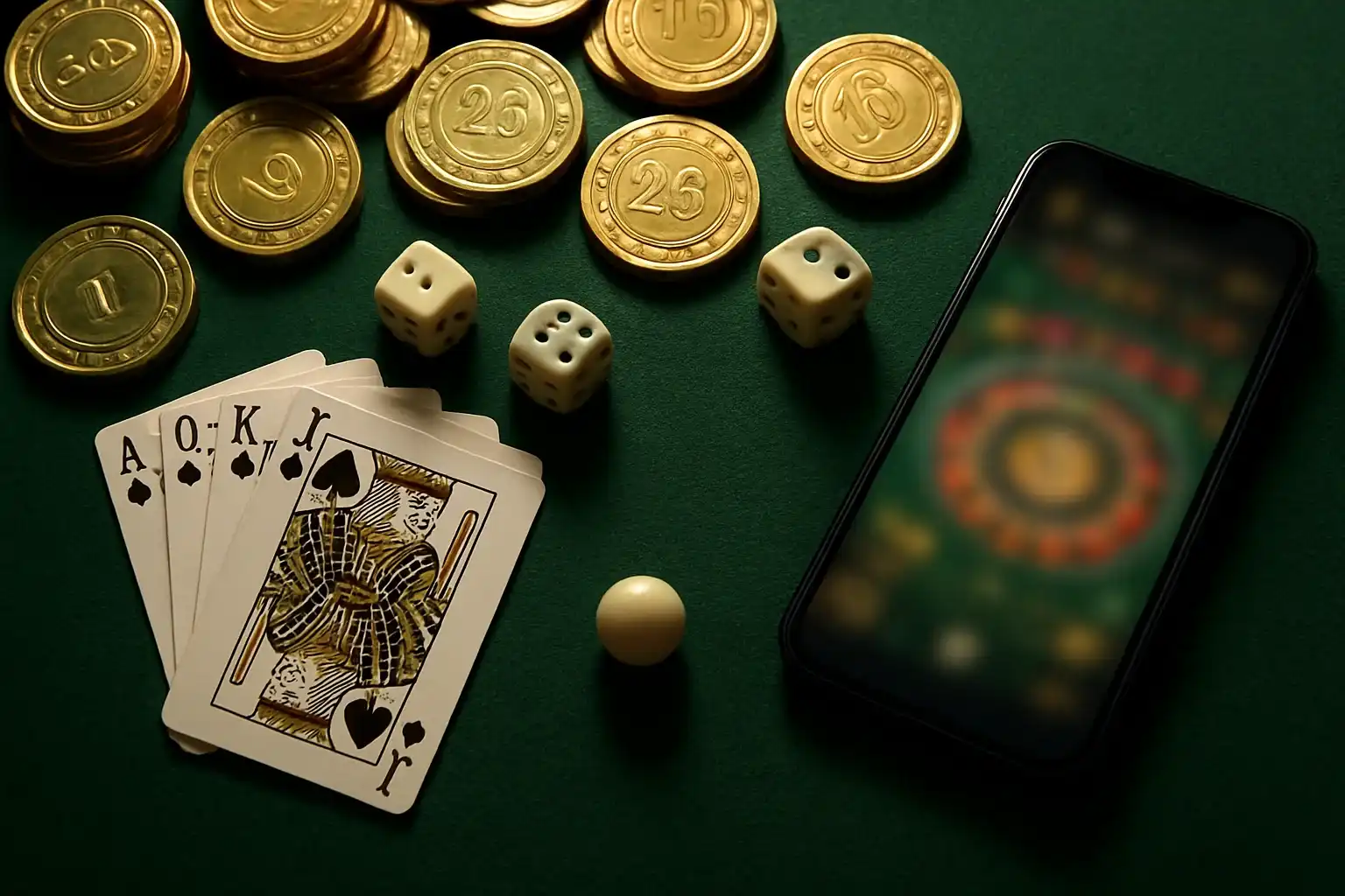 Top-down casino table with gold chips, cards, dice, roulette ball, smartphone