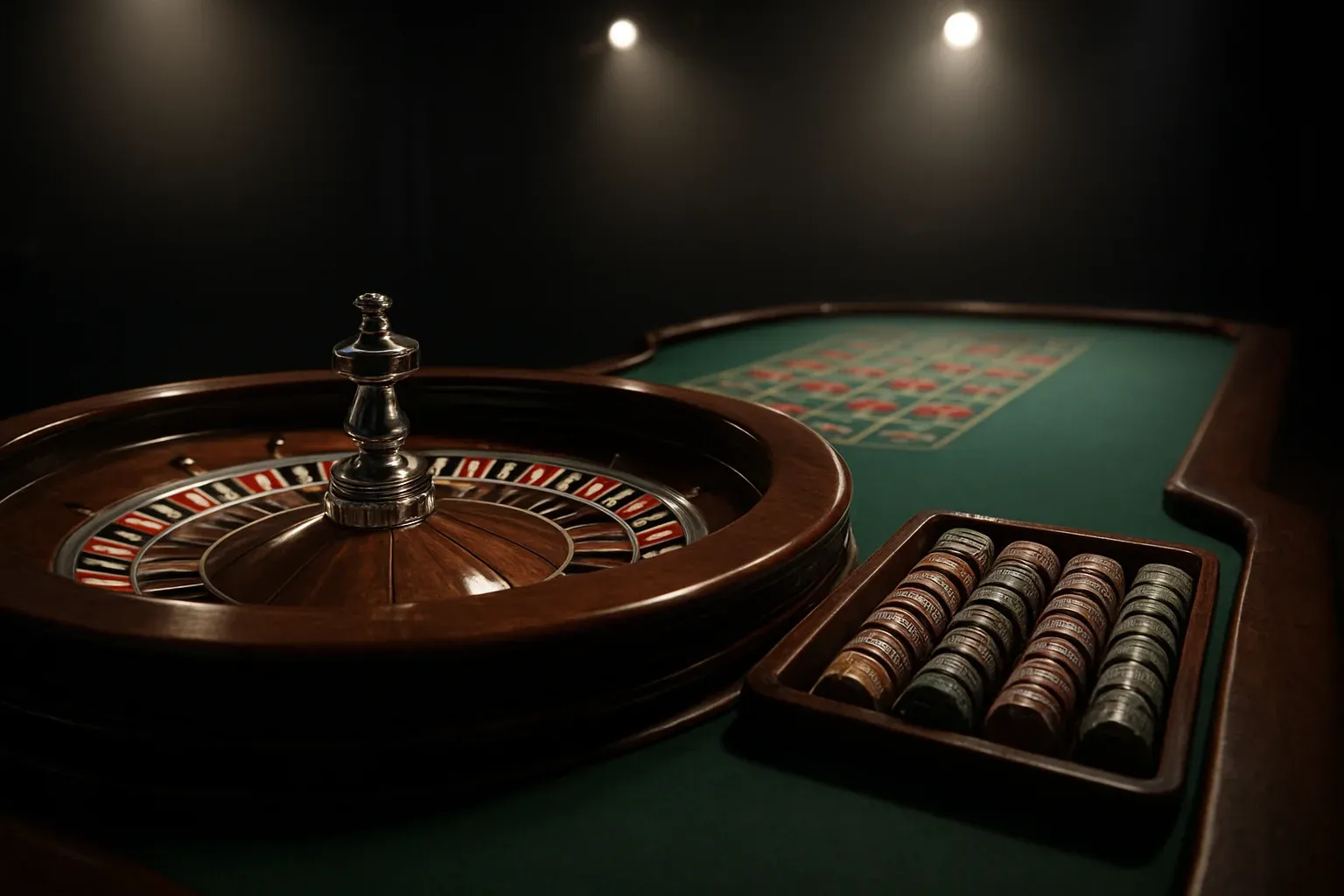 Hyperrealistic live casino studio with empty roulette table and dramatic lighting