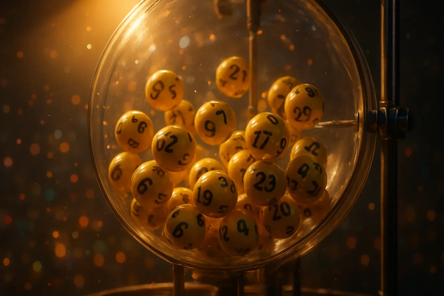 Glowing golden lottery balls tumbling inside transparent draw machine