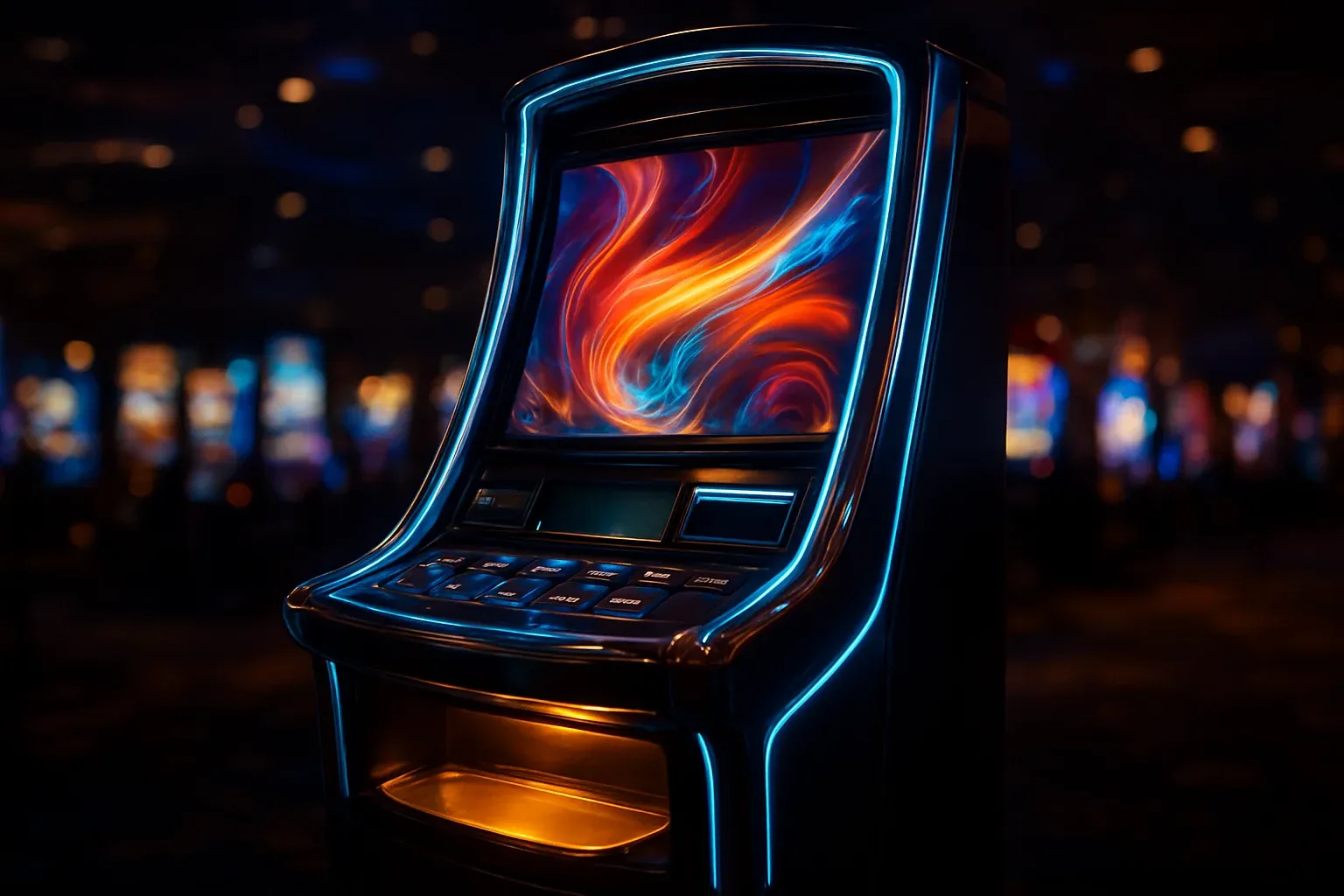Premium slot machine glowing in dark luxury casino with neon lighting